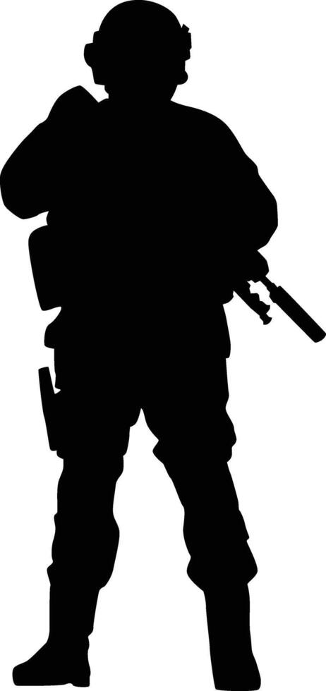 silhouette di pieno armatura soldato. militare uomini indossare uniforme illustrazione. esercito posa utilizzando riffle arma vettore
