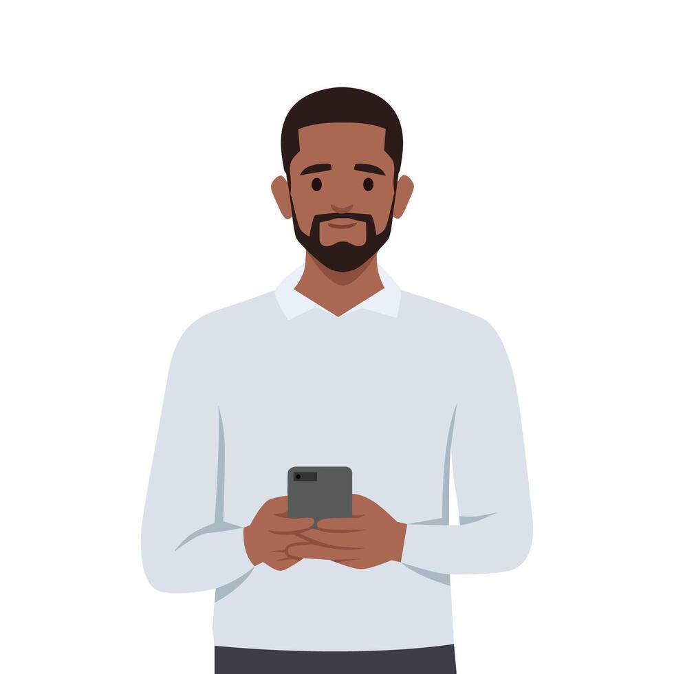 giovane barbuto nero uomo utilizzando mobile Telefono. vettore