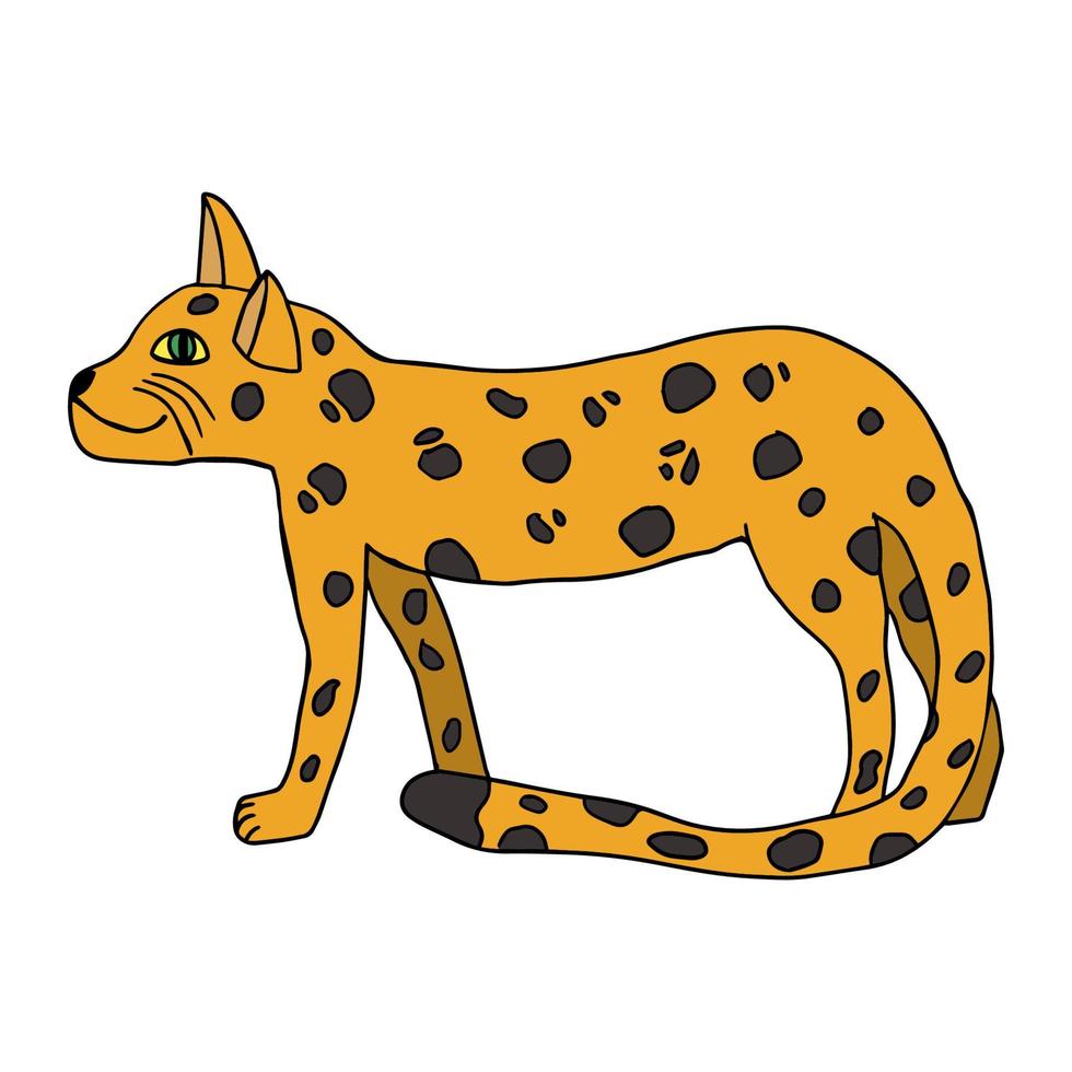 cartone animato doodle leopardo in stile infantile isolato su priorità bassa bianca. gatto africano selvatico. vettore