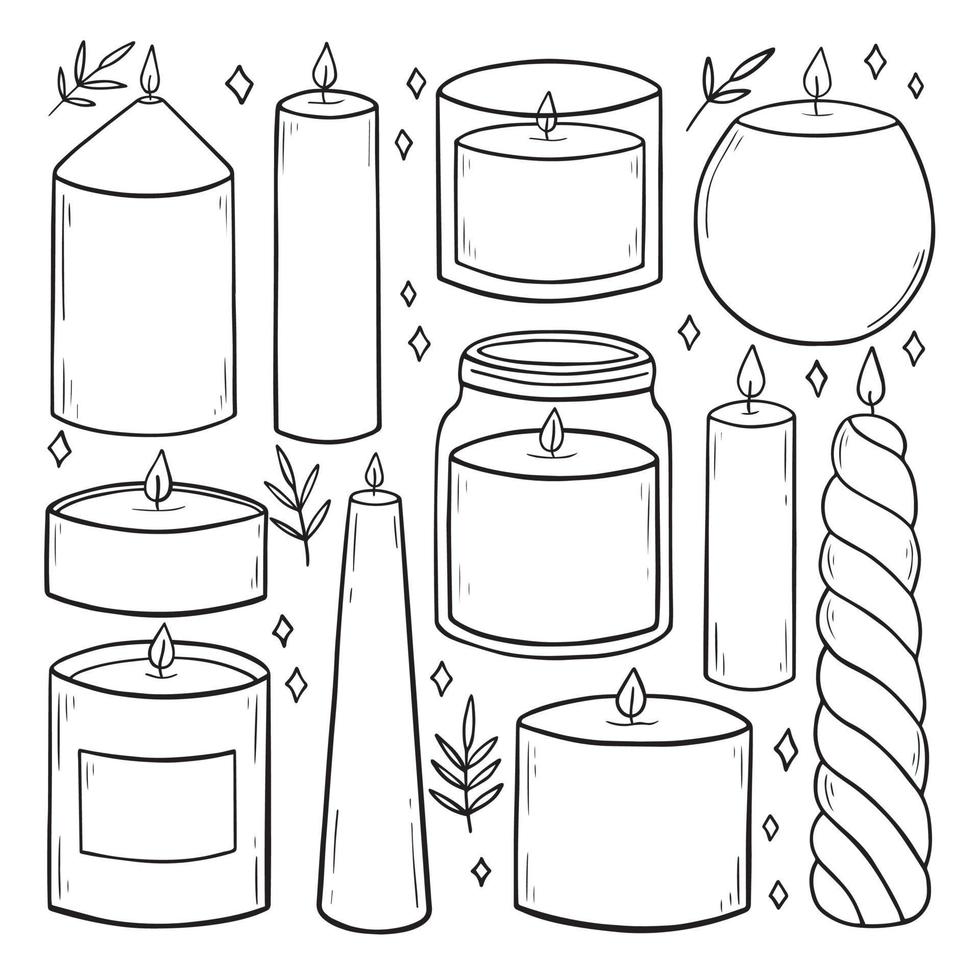 set di candele accoglienti doodle. decorazione domestica hygge, candele di cera per relax e spa in stile schizzo. illustrazione vettoriale disegnato a mano isolato su priorità bassa bianca.