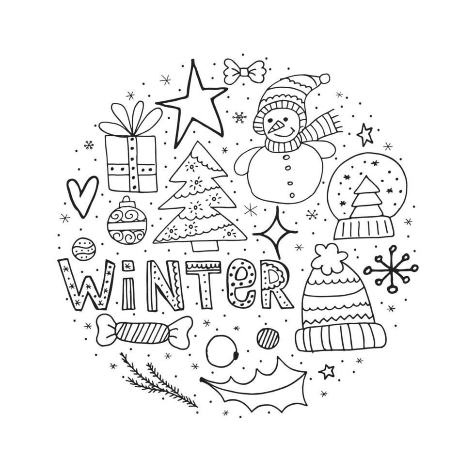 set di elementi scarabocchi invernali. oggetti disegnati a mano sotto forma di un cerchio su uno sfondo bianco. buon natale e felice anno nuovo 2022. vettore