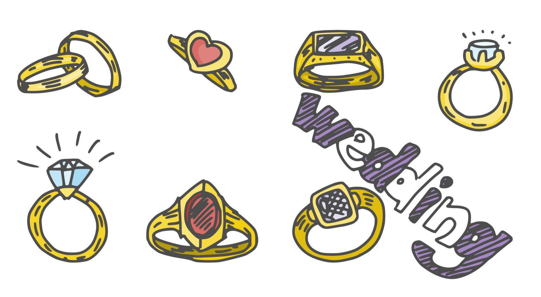 diversi gioielli anelli disegno vettoriale scarabocchio stock