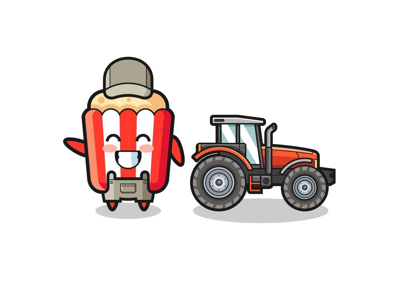 la mascotte dell'agricoltore di popcorn in piedi accanto a un trattore vettore