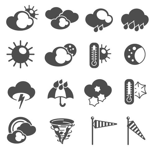 Le icone dei simboli di previsioni del tempo hanno messo il nero vettore