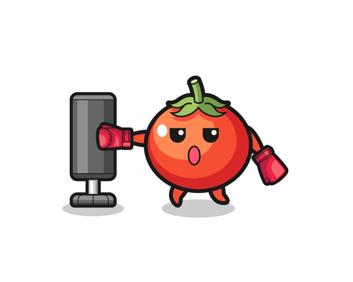 cartone animato di pugile di pomodori che si allena con il sacco da boxe vettore