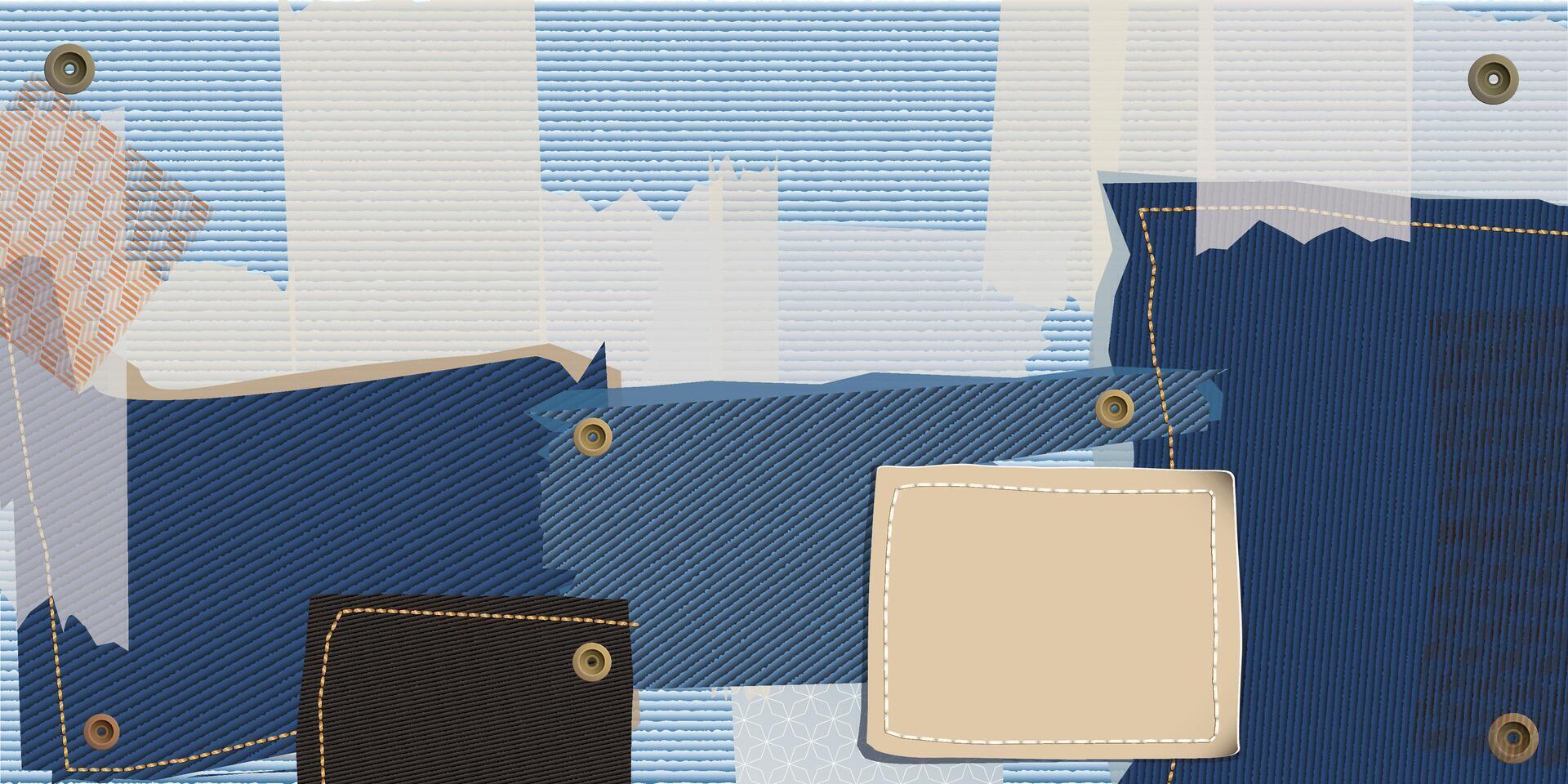 astratto collage arte misto media con grafico denim jean tessile su blu jean leggero lavare colori sfondo illustrazione. vettore