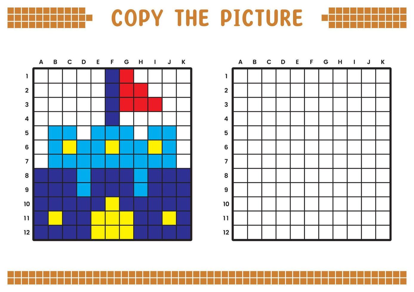 copia il immagine, completare il griglia Immagine. educativo fogli di lavoro disegno con piazze, colorazione cellula le zone. figli di prescolastico attività. cartone animato, pixel arte. palazzo edificio illustrazione. vettore