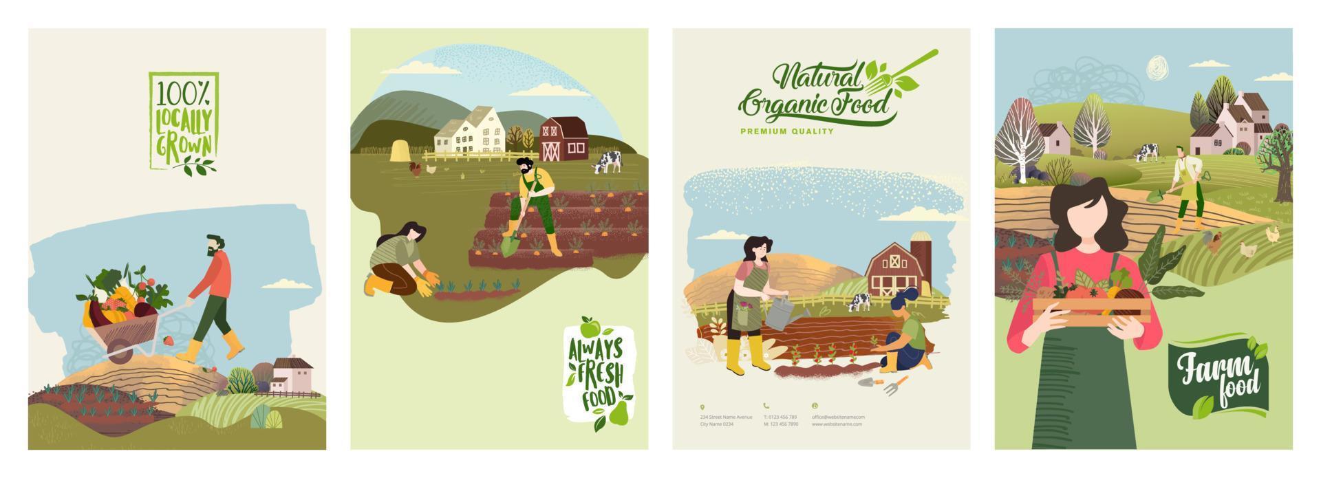 set di modelli di poster di alimenti biologici. illustrazioni vettoriali sul tema della produzione di alimenti biologici, giardinaggio, agricoltura, agricoltura. concetti per lo sfondo, copertine di brochure, materiale di marketing.