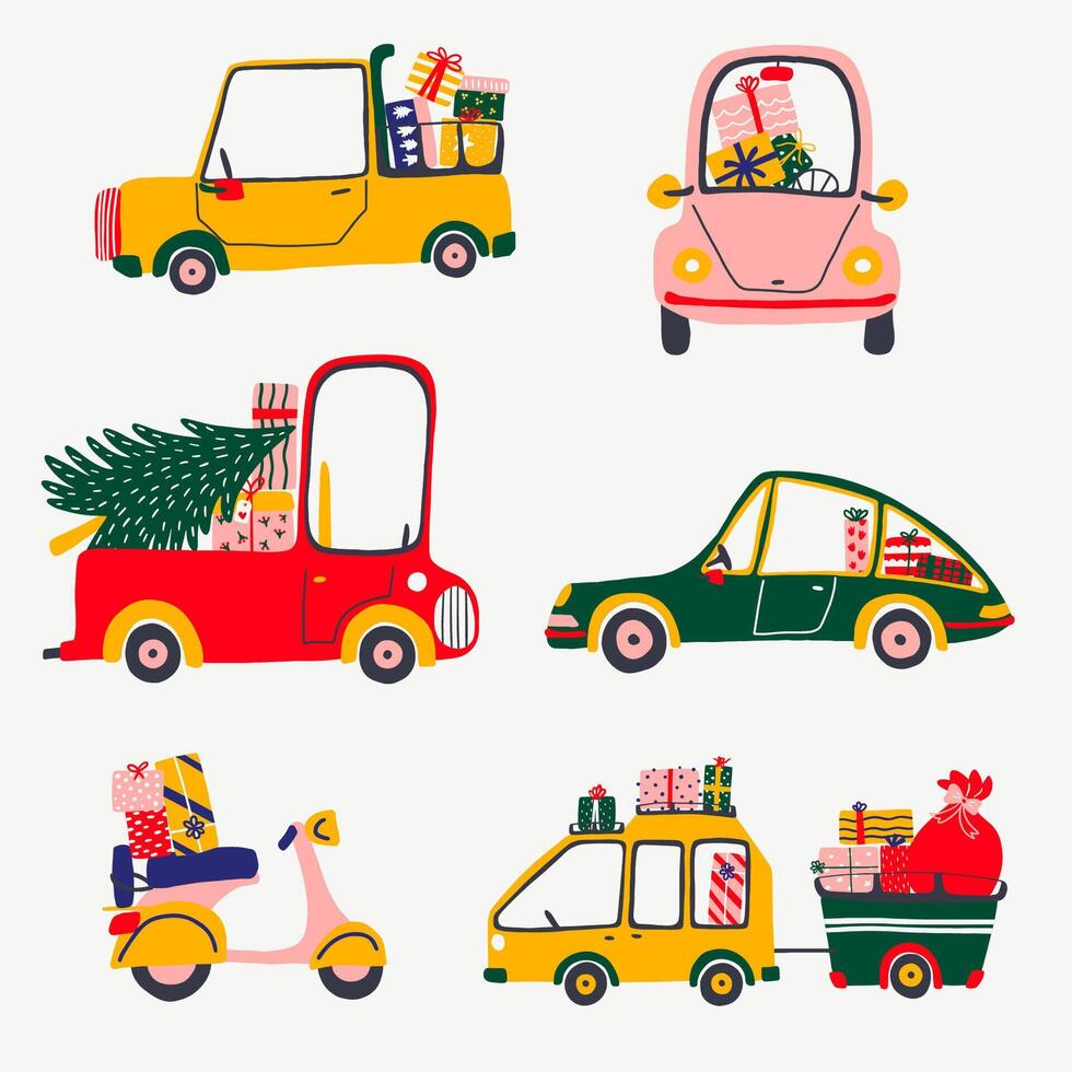 impostato di diverso macchine con un' Natale albero e i regali. elementi per Natale o nuovo anno carte. mano disegnato illustrazione. vettore