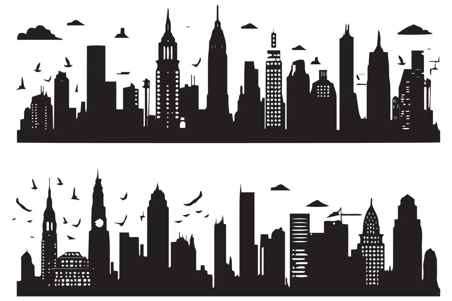 impostato di città silhouette nel piatto stile. moderno urbano paesaggio. città grattacieli edificio ufficio orizzonte su bianca sfondo professionista vettore