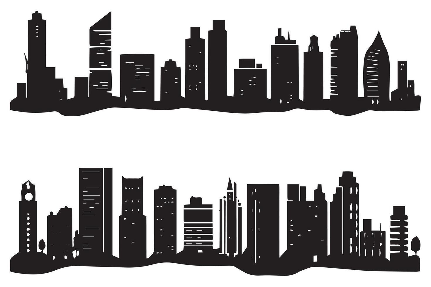 città skyline silhouette, paesaggio urbano impostare, nero isolato su bianca sfondo gratuito design vettore