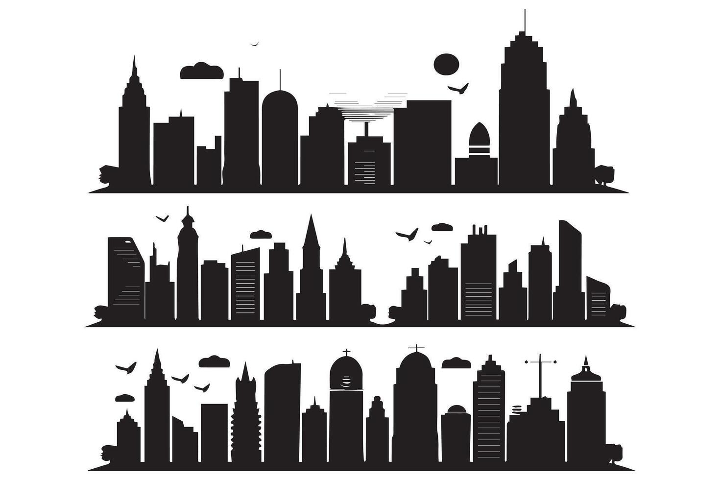 impostato di città silhouette nel un' piatto stile gratuito design vettore