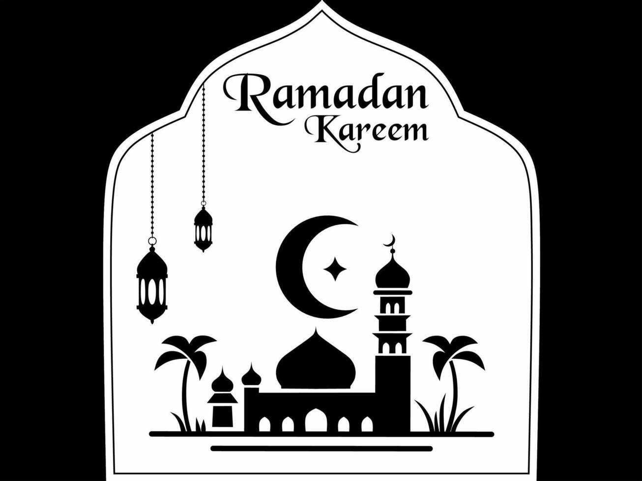 design di Ramadan kareem saluti, decorativo nero e bianca moschea sfondo, per benvenuto il arrivo di il mese di Ramadan per I musulmani vettore