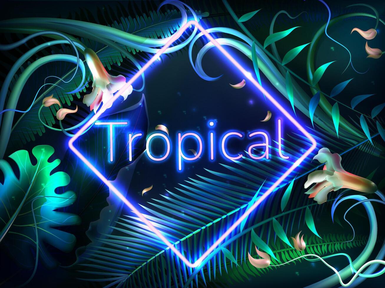 realistico tropicale le foglie con neon telaio e lettere. esotico illuminato impianti, naturale fiori e giungla raggiante foglia con confine di piazza forma. botanico design per notte festa, invito carta vettore