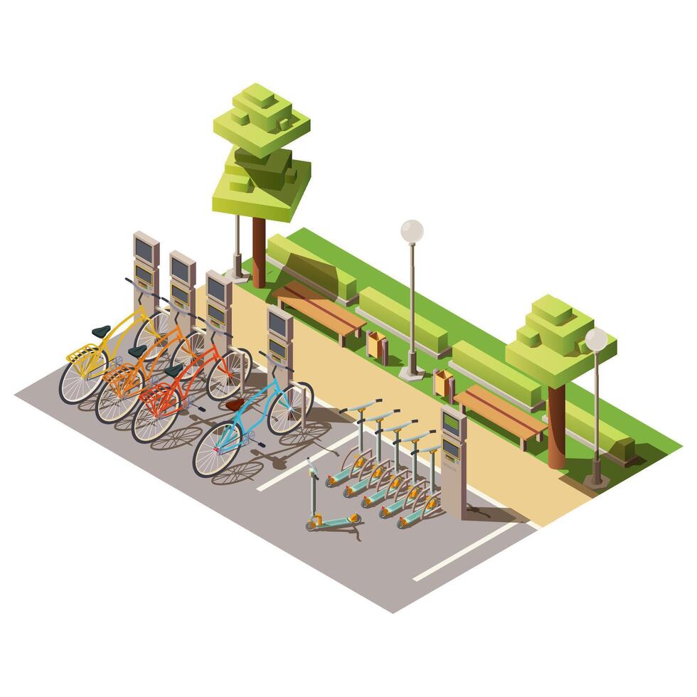 urbano eco trasporto isometrico design concetto con a disposizione biciclette e elettrico scooter per affitto. stazione e cassiere macchina per pagamento. parcheggio per città ecologia trasporto. 3d illustrazione. vettore