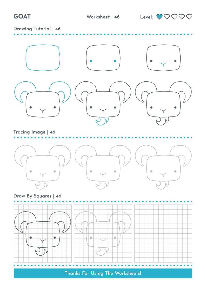 Come per disegnare scarabocchio animale capra, cartone animato personaggio passo di passo disegno tutorial. attività fogli di lavoro per bambini vettore