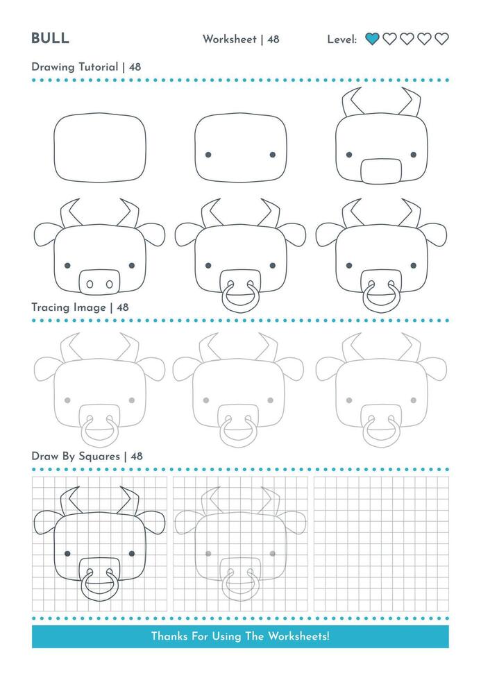 Come per disegnare scarabocchio animale mucca, cartone animato personaggio passo di passo disegno tutorial. attività fogli di lavoro per bambini vettore