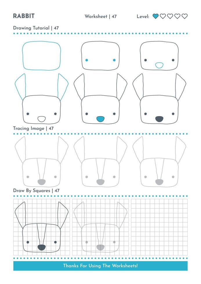 Come per disegnare scarabocchio animale coniglio, cartone animato personaggio passo di passo disegno tutorial. attività fogli di lavoro per bambini vettore