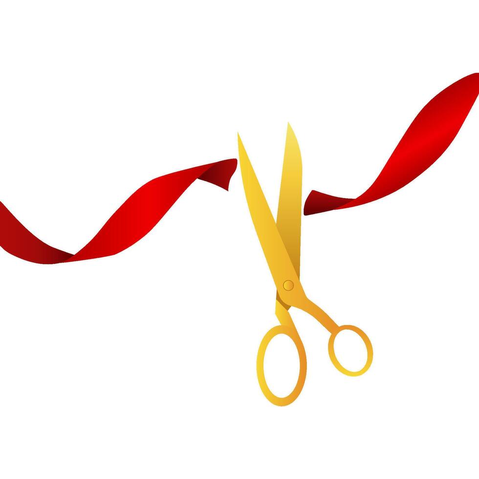 d'oro forbici tagliare il rosso nastro, oggetto. illustrazione vettore