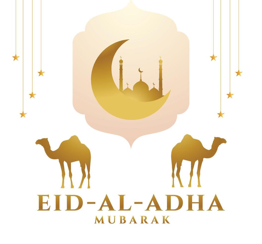 eid al adha mubarak sfondo, striscione, saluto design con pendenza oro colore tema. silhouette moschea agnello e cammello. vettore
