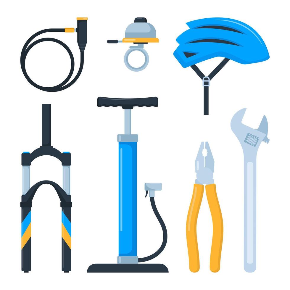 bicicletta attrezzatura e parti, impostato di icone, simboli e design elementi. sport bicicletta riparazione componenti. illustrazione. vettore
