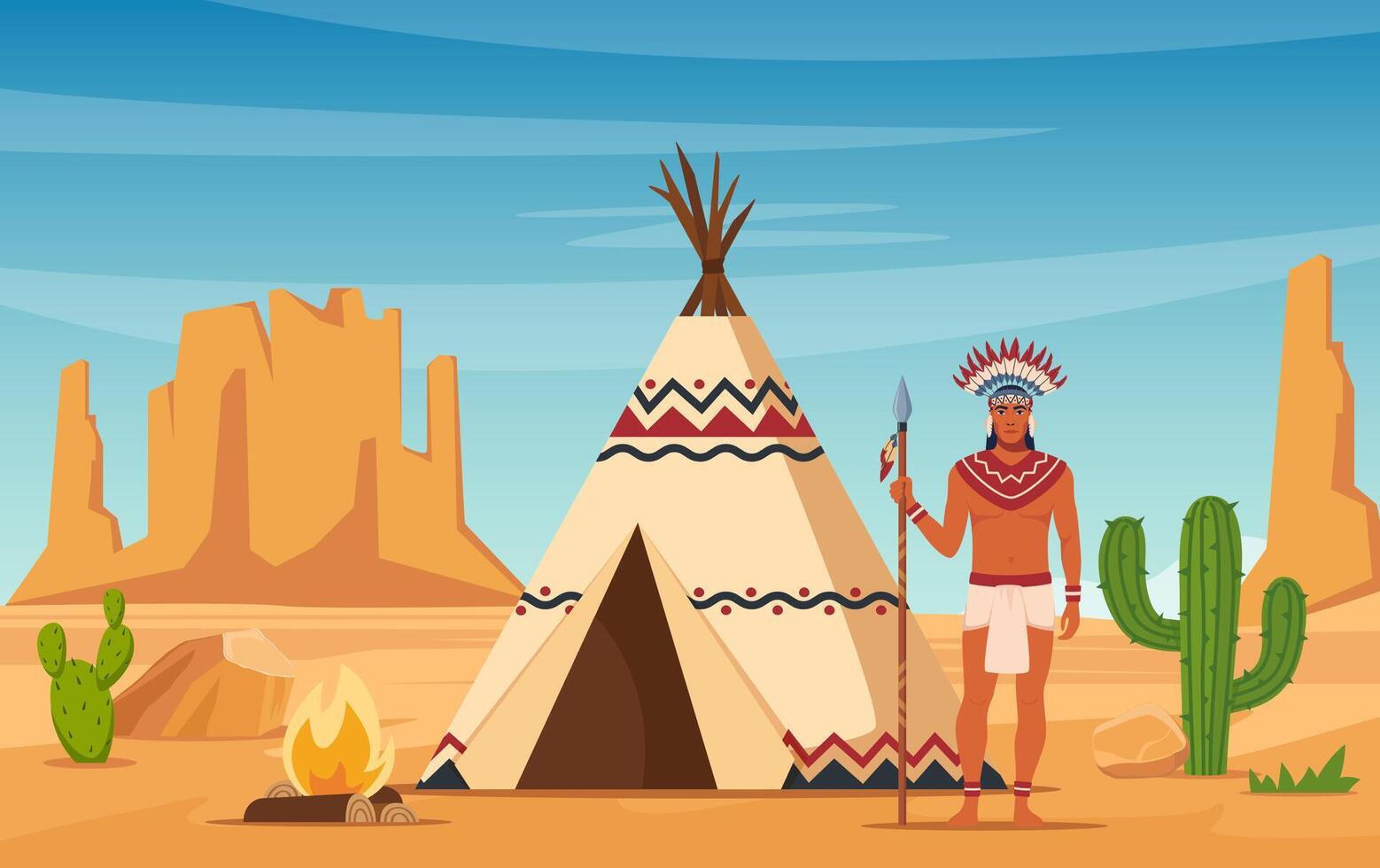 nativo americano indiano nel tradizionale etnico Abiti con piume nel loro testa in piedi vicino Tipi o Wigwam. vettore