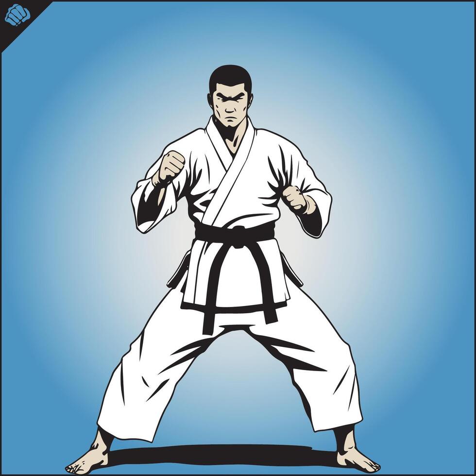 kyokushin pieno contatto karateka nel un' bianca chimono vettore