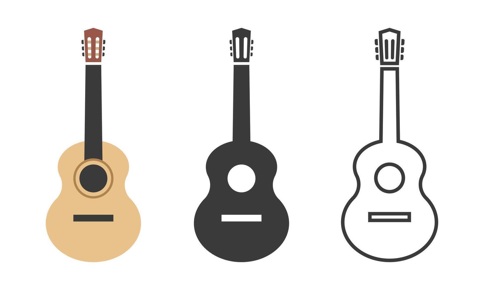 classico chitarra icona nel diverso stili. colorato, nero icona, e linea icona. chitarra icona pittogramma nel piatto, silhouette, lineare stile. semplice design cartello, simbolo, logo per musica app, ragnatela vettore