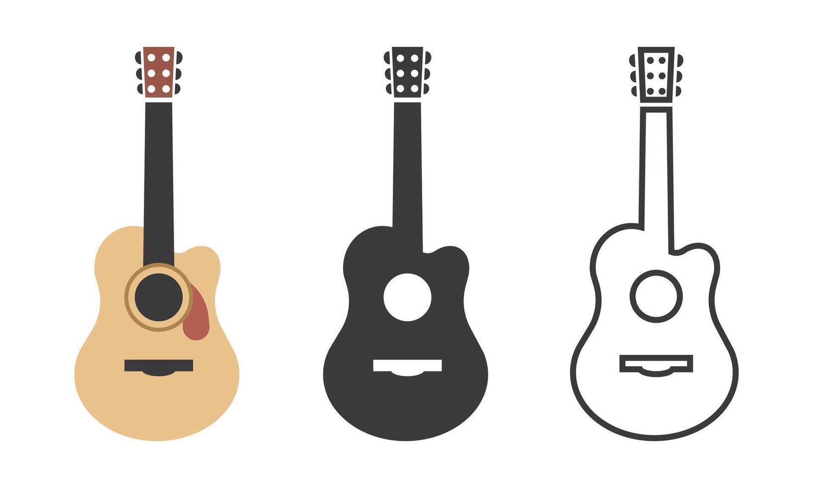 acustico chitarra icona nel diverso stili. colorato, nero icona, e linea icona. chitarra icona pittogramma nel piatto, silhouette, lineare stile. semplice design cartello, simbolo, logo per musica sito web, App vettore