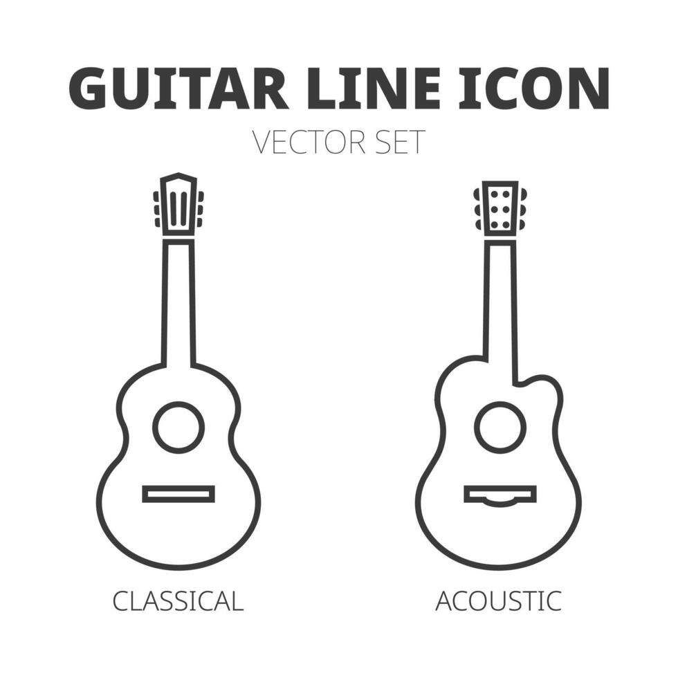 chitarra linea icona impostare. classico chitarra e acustico chitarra schema icone illustrazione isolato su bianca sfondo. semplice icona per studio ragnatela, app, il branding vettore