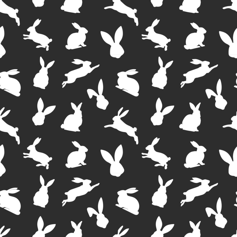 Pasqua senza soluzione di continuità modello di bianca coniglio sagome nel diverso Azioni. festivo Pasqua coniglietti design. isolato su nero sfondo. per Pasqua decorazione, involucro carta, saluto, tessile, Stampa vettore