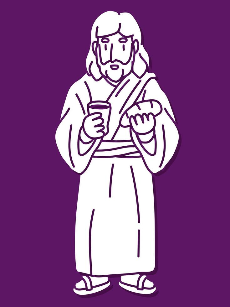 Gesù celebra santo comunione con pane e vino cartone animato grafico vettore