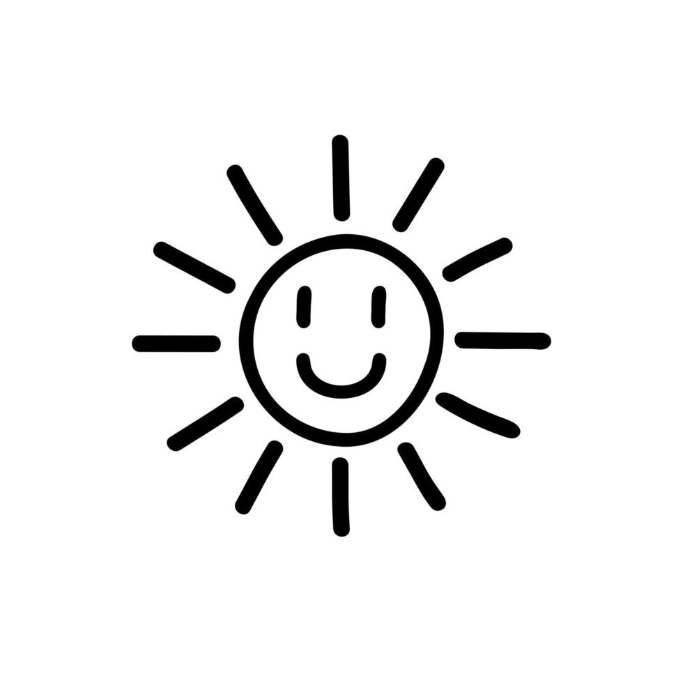 sorridente sole viso. contento sole scarabocchio. nero linea illustrazione isolato su bianca sfondo. vettore