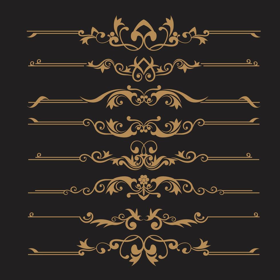 impostato di oro Vintage ▾ decorativo elementi, cornici, calligrafia, frontiere, nastri, divisori, fiorire ornamento, angolo, Linee. d'oro lusso elegante ornamento per etichette e badge vettore