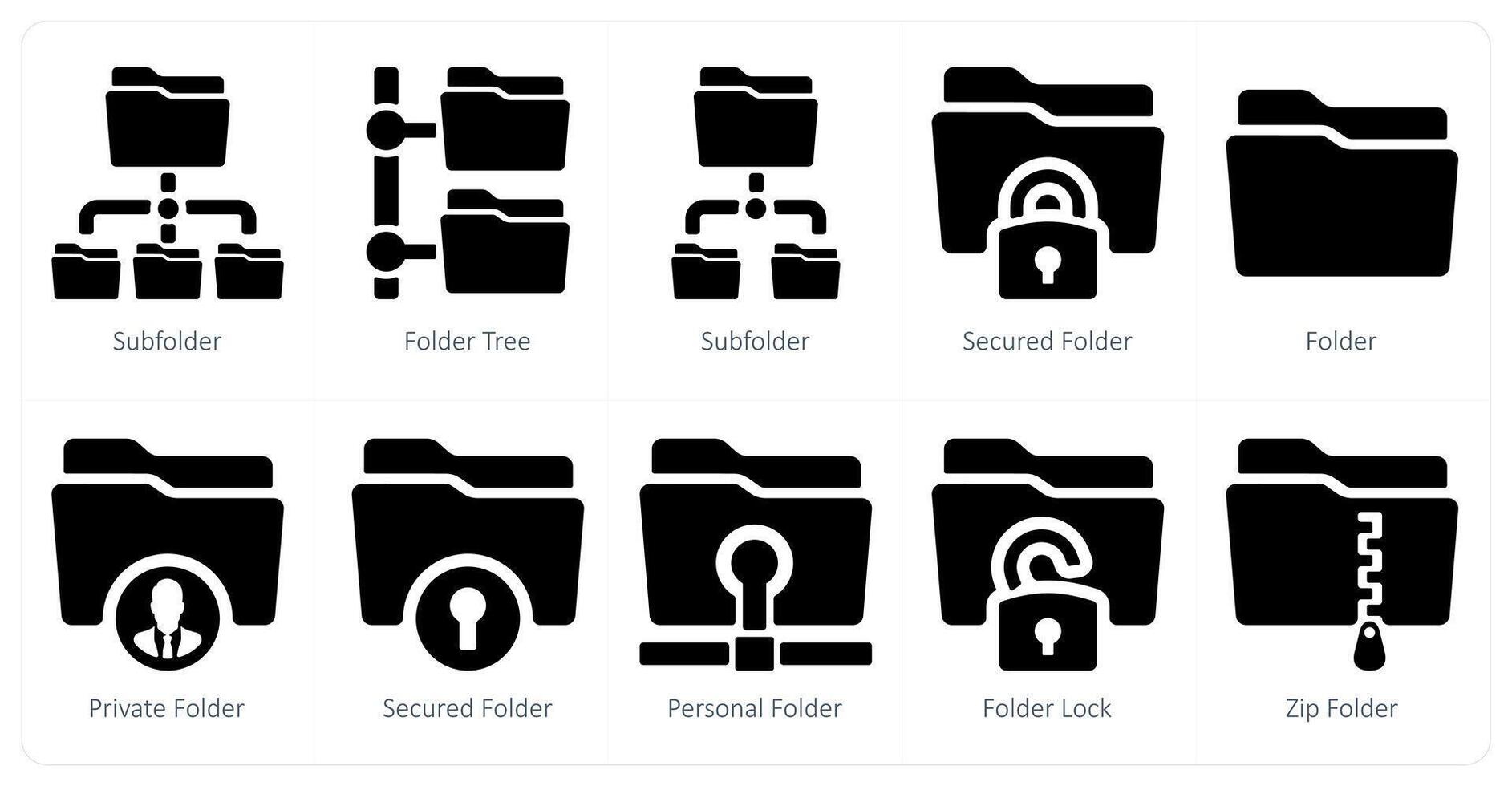 un' impostato di 10 cartella icone come sub cartella, cartella albero, assicurato cartella vettore