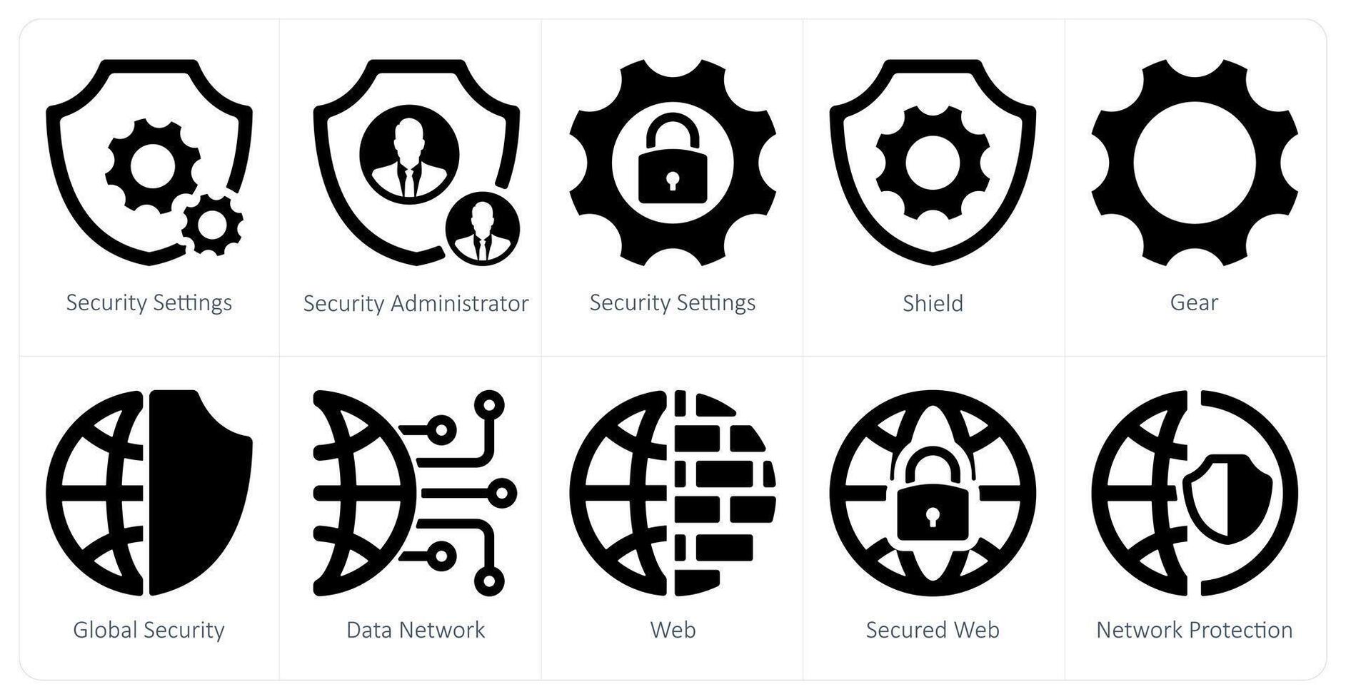 un' impostato di 10 sicurezza icone come sicurezza impostazioni, sicurezza amministratore, scudo vettore