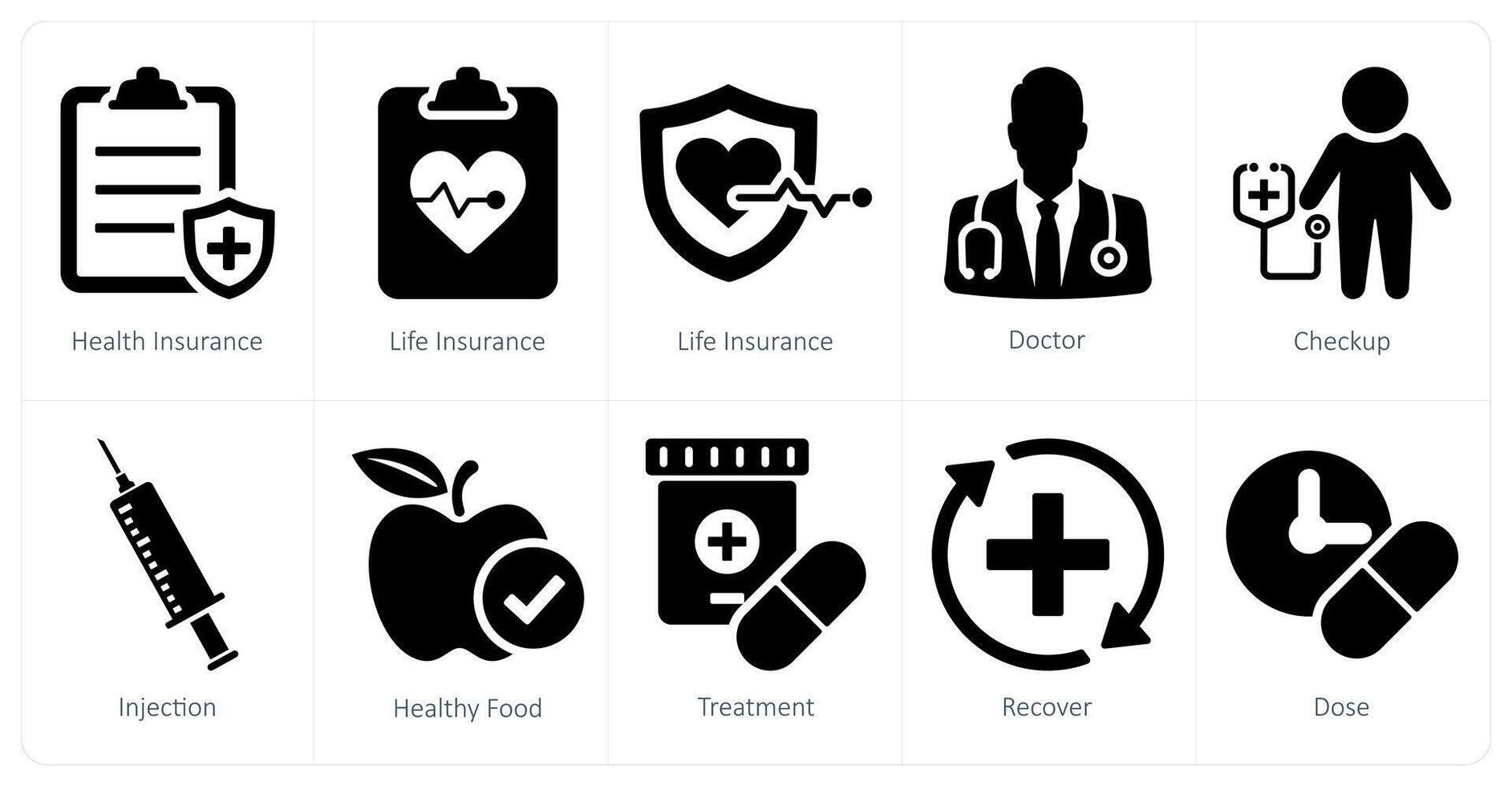 un' impostato di 10 Salute verifica icone come Salute assicurazione, vita assicurazione, medico vettore