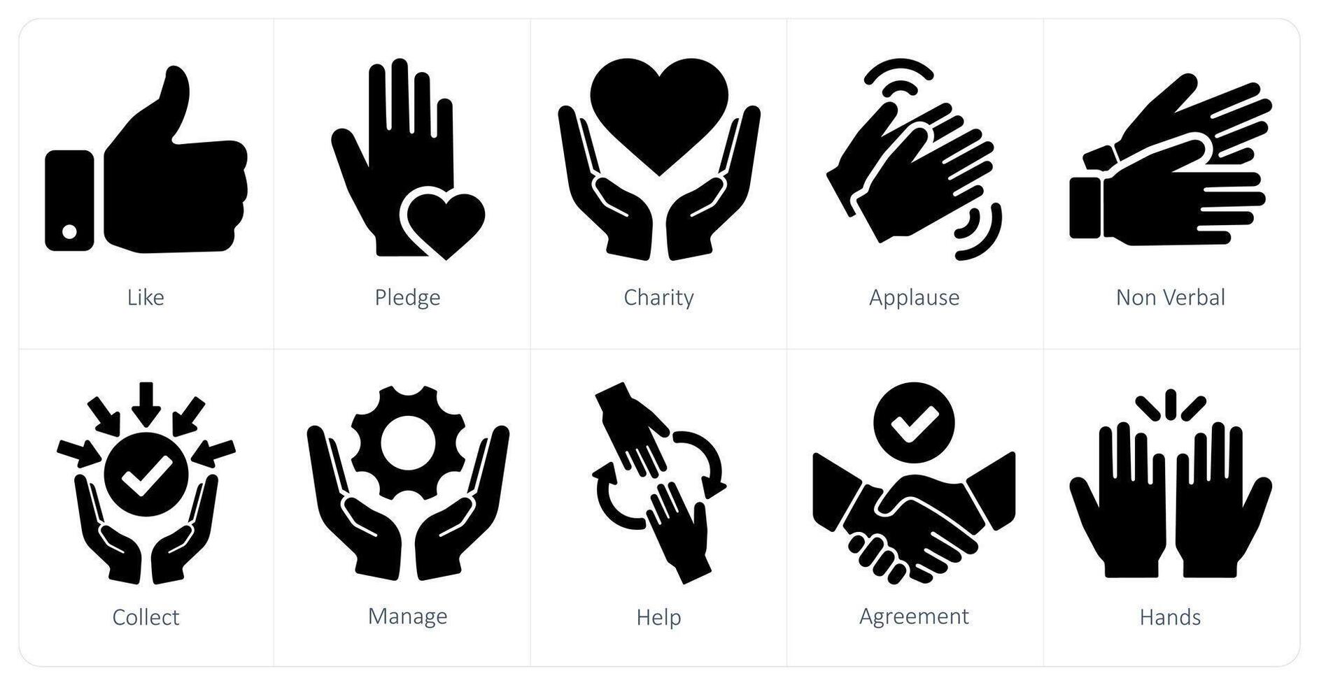 un' impostato di 10 mani icone come piace, impegno, beneficenza vettore