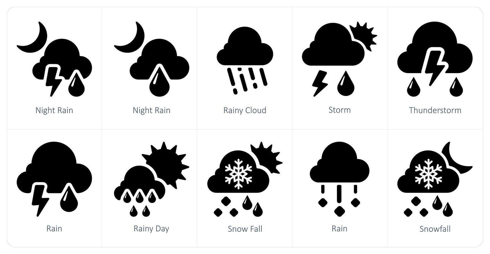 un' impostato di 10 tempo metereologico icone come notte piovere, piovoso nube, tempesta vettore