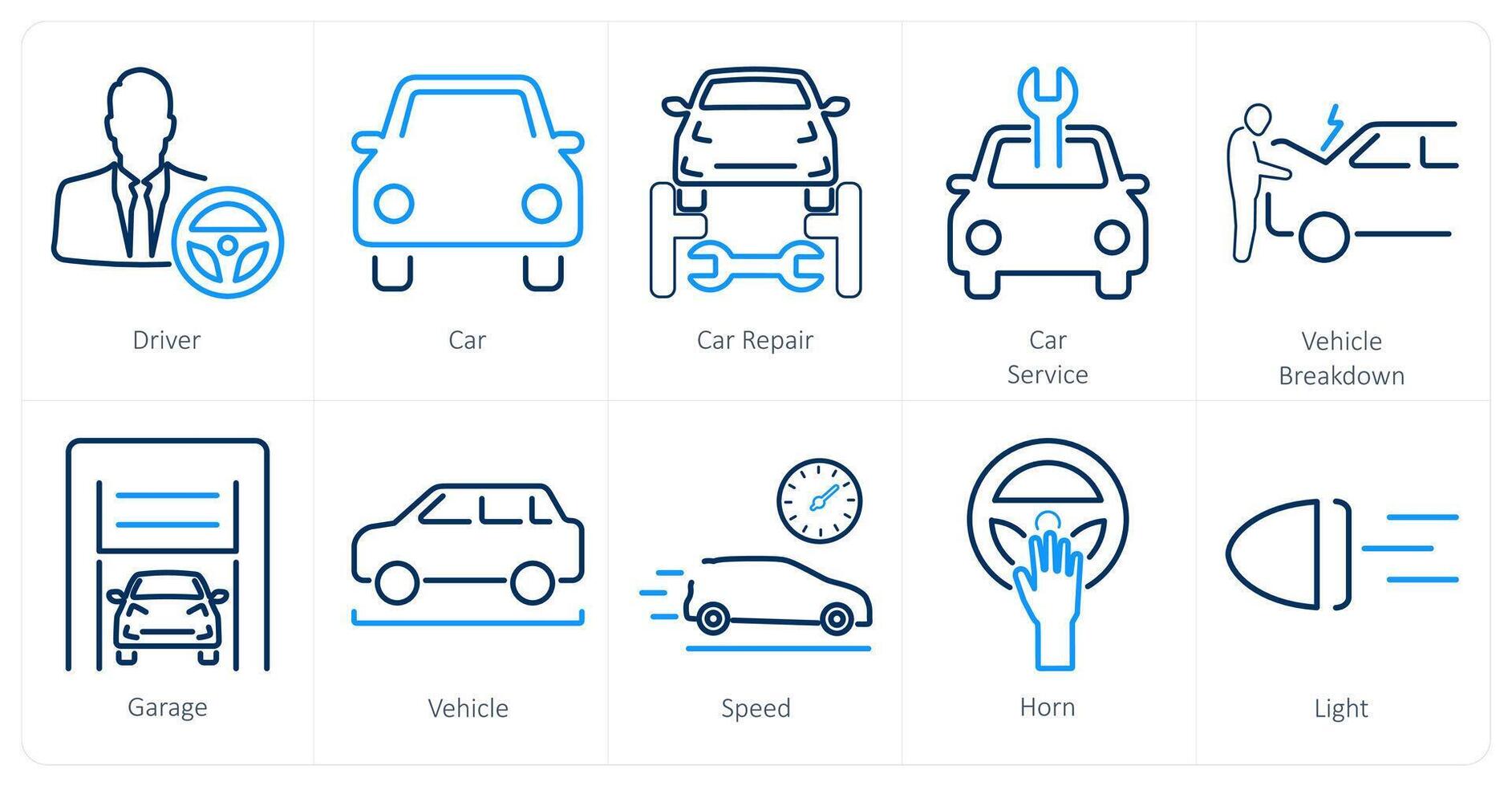 un' impostato di 10 auto icone come autista, macchina, auto riparazione vettore