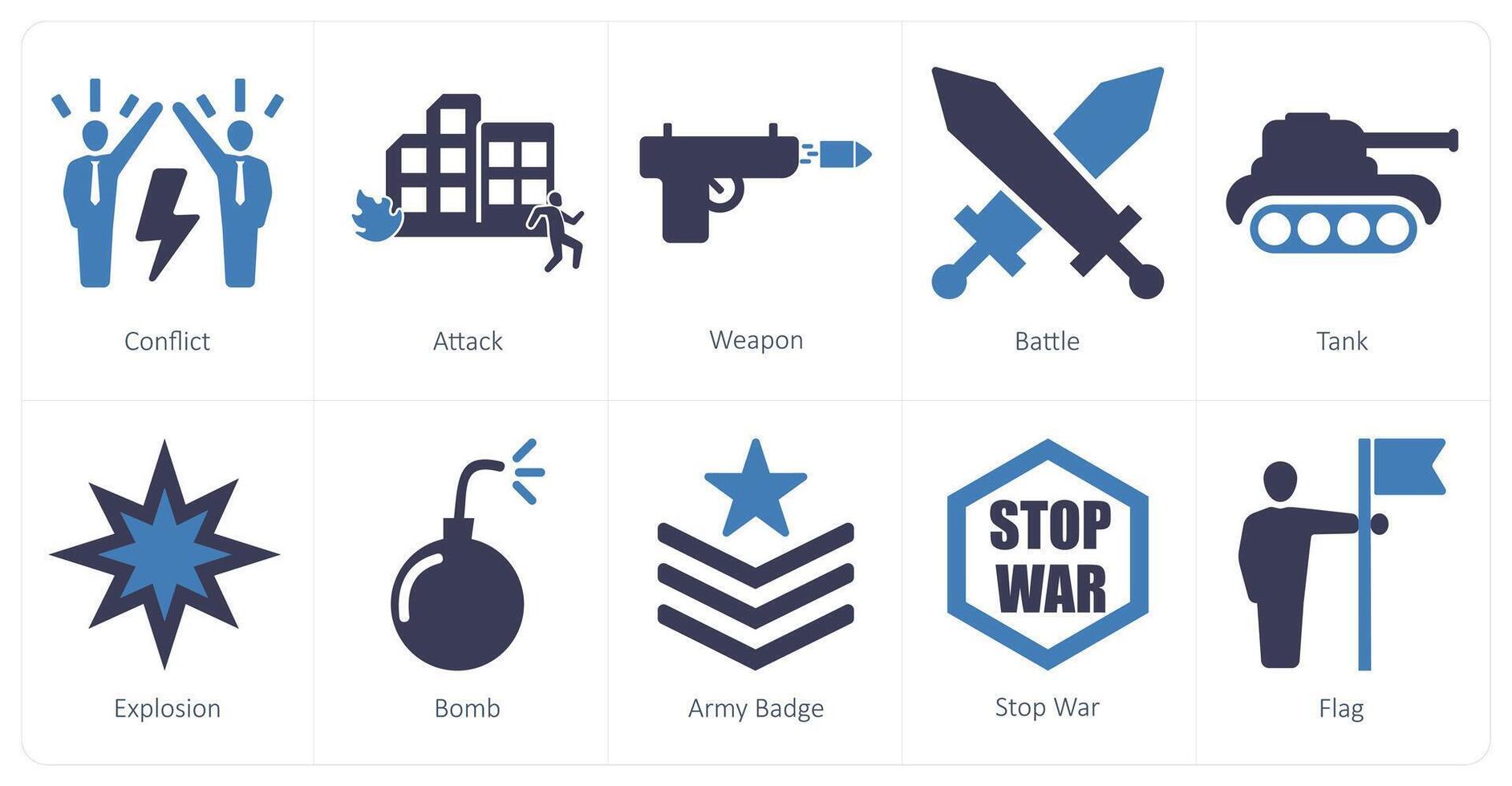 un' impostato di 10 mescolare icone come conflitto, attacco, arma vettore