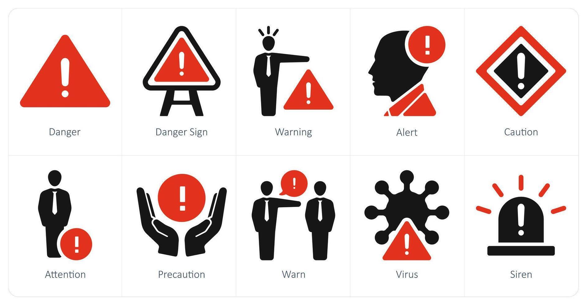 un' impostato di 10 rischio Pericolo icone come Pericolo, Pericolo cartello, avvertimento vettore