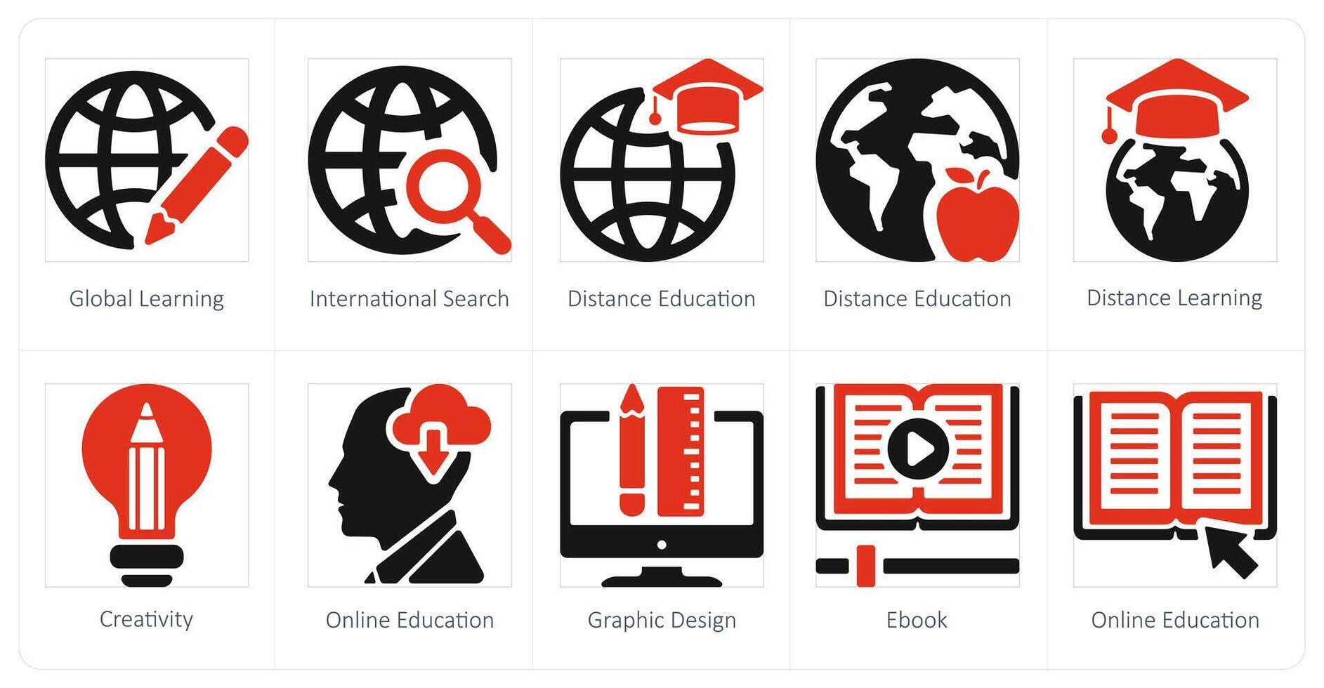 un' impostato di 10 in linea formazione scolastica icone come globale apprendimento, internazionale ricerca, distanza formazione scolastica vettore