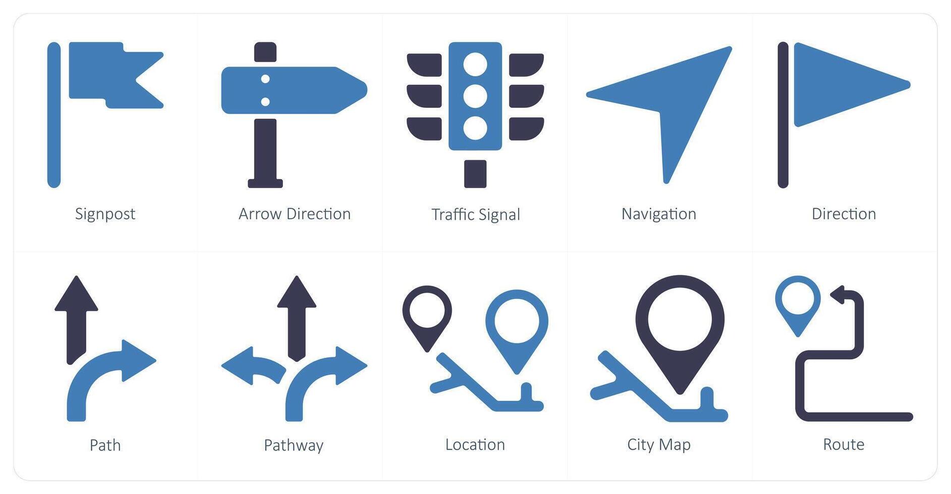 un' impostato di 10 navigazione icone come cartello, freccia direzione, traffico segnale vettore