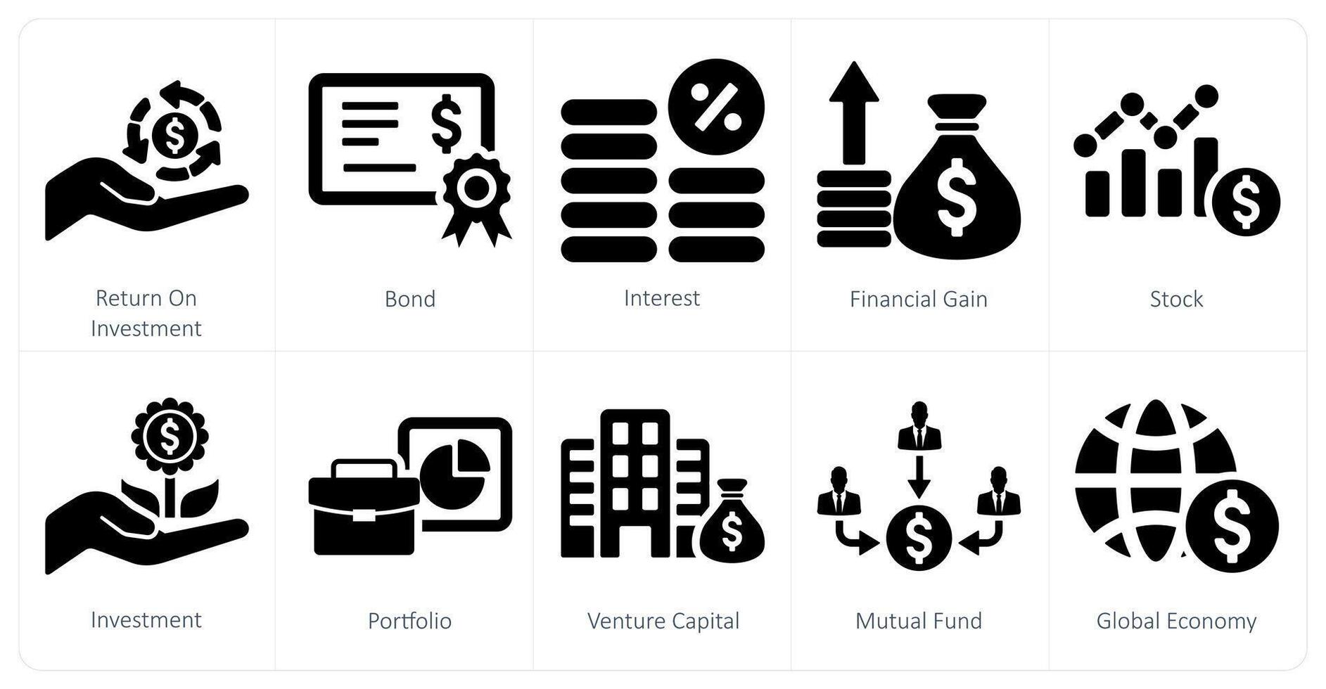 un' impostato di 10 investimento icone come ritorno su investimento, legame, interesse vettore