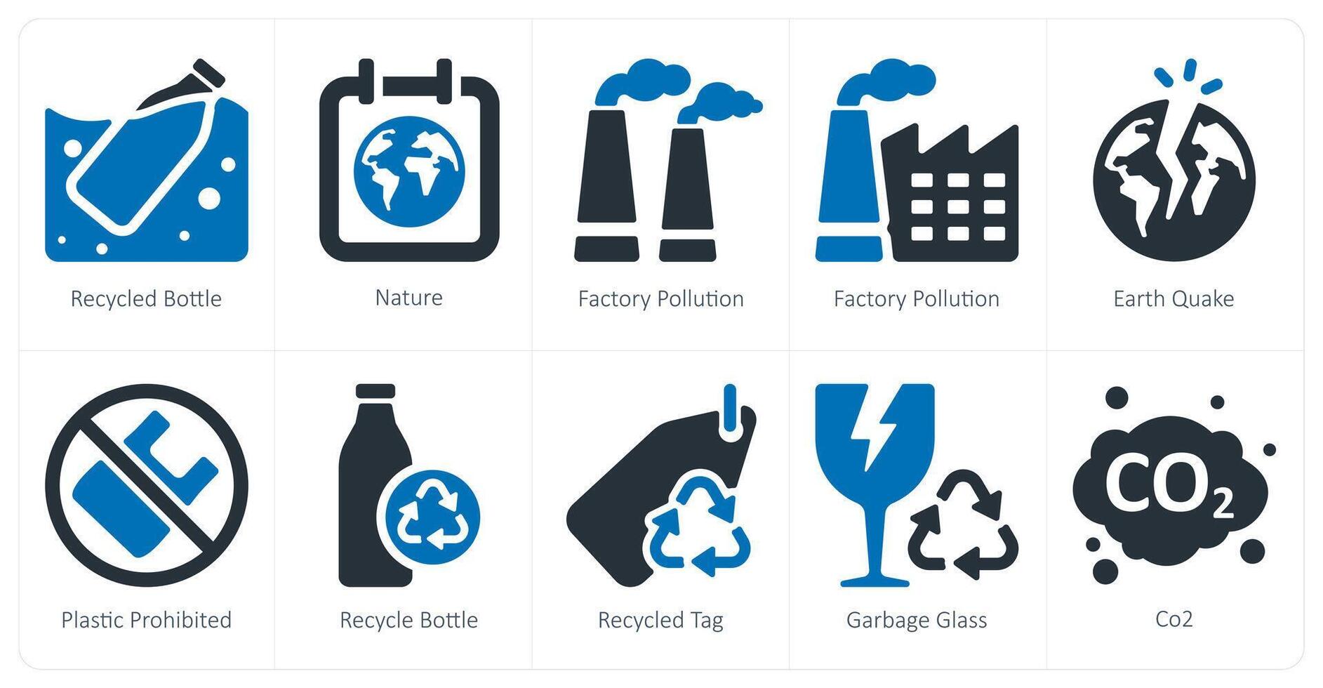 un' impostato di 10 ecologia icone come riciclato bottiglia, natura, fabbrica inquinamento vettore