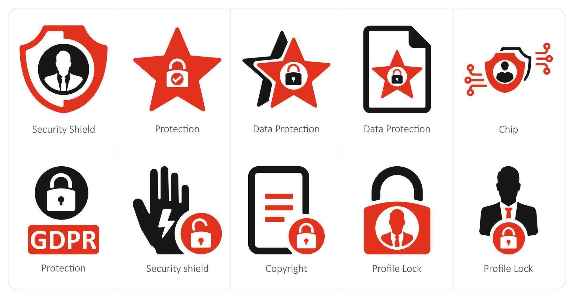 un' impostato di 10 GDPR icone come sicurezza scudo, protezione, dati protezione vettore