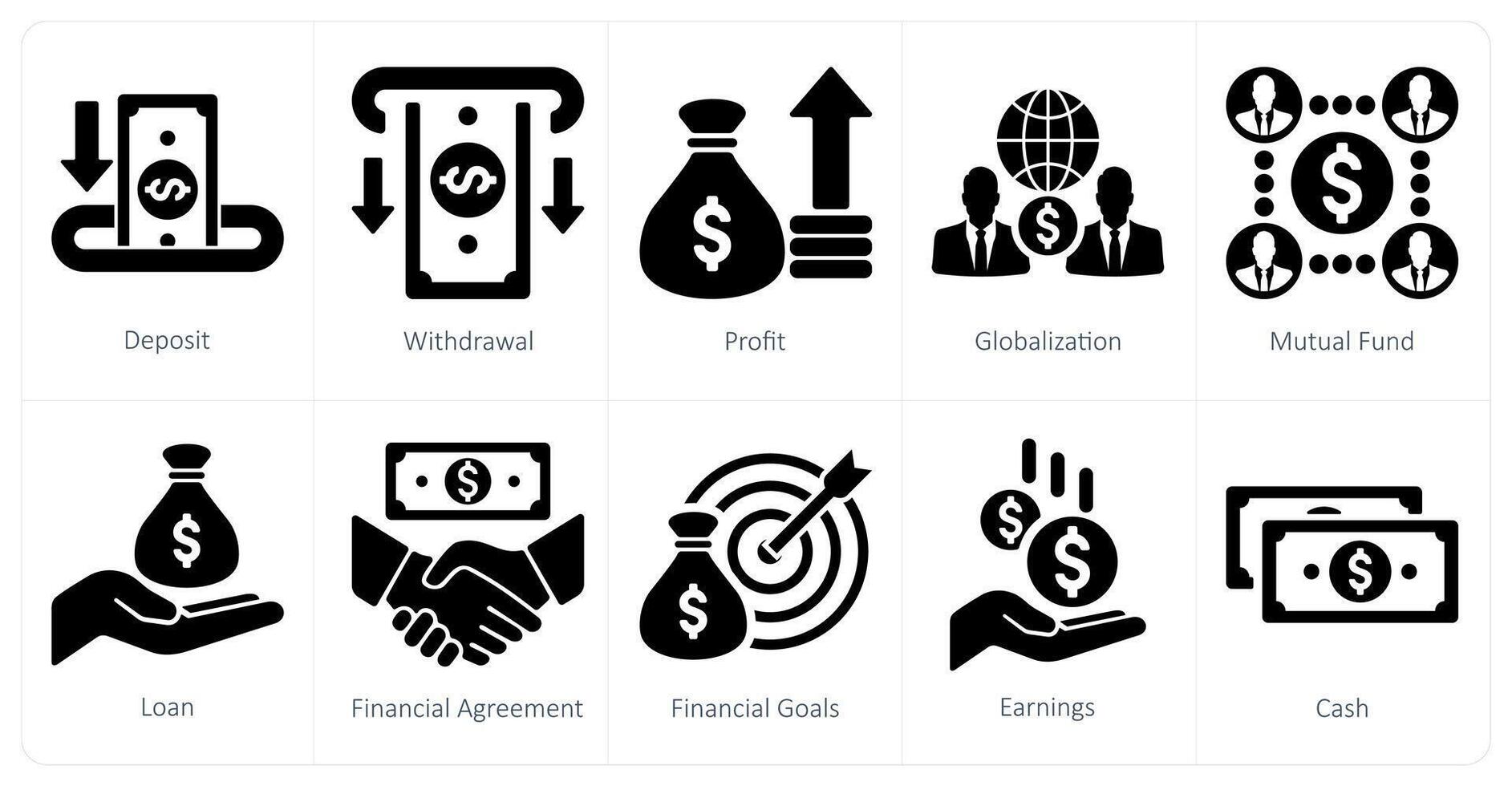 un' impostato di 10 finanza icone come depositare, ritiro, profitto vettore