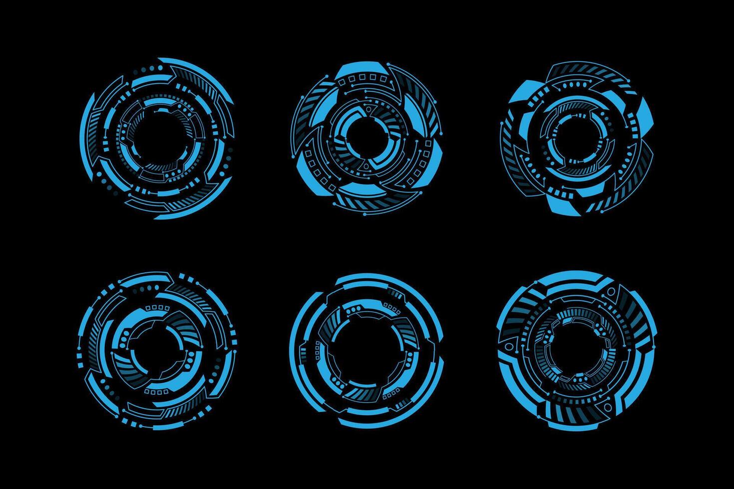 futuristico il giro hud elementi. virtuale grafico toccare utente interfaccia. pannello di controllo Schermo. fantascienza e hi-tech design elementi vettore