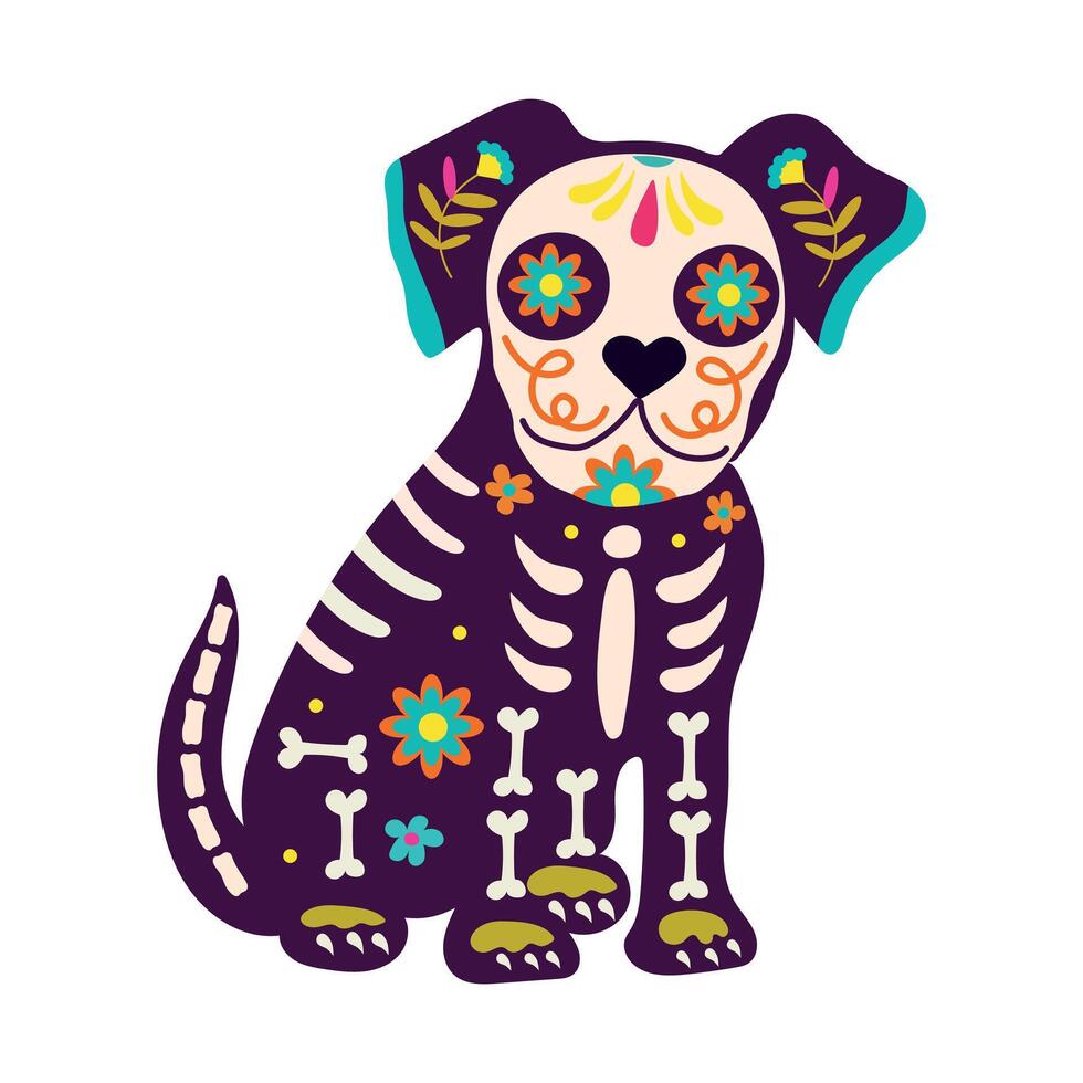 giorno di il morto, dia de los muertos, cane cranio e scheletro decorato con colorato messicano elementi e fiori. festa, Halloween, vacanza manifesto, festa. vettore